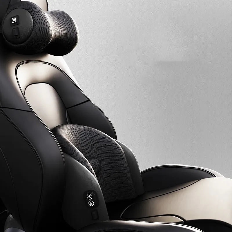 Car seat electric massage cushion and headrest in memory foam, shown in grey colour.