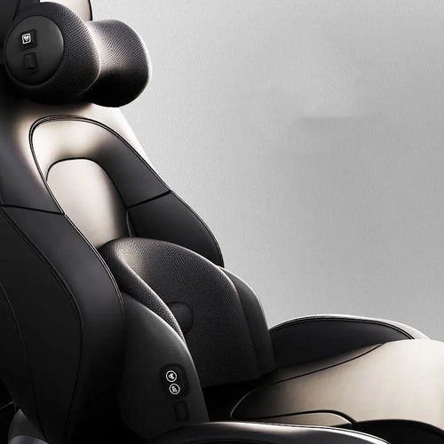 Car seat electric massage cushion and headrest in memory foam, shown in grey colour.