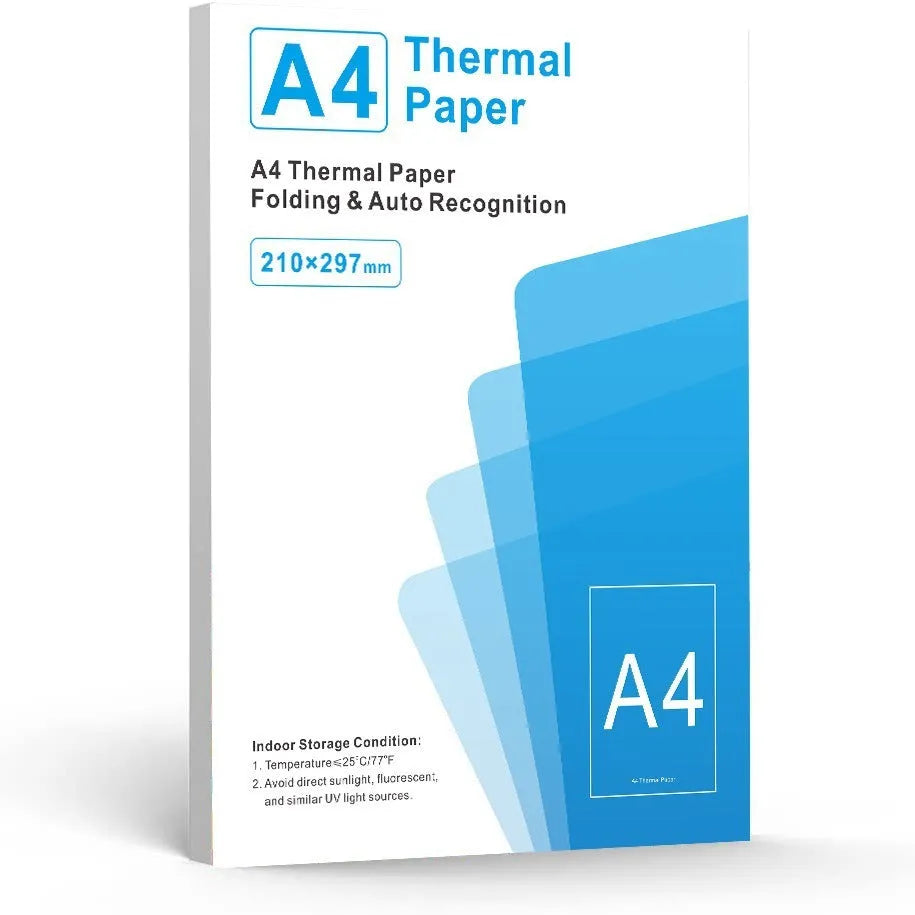 Pack of white A4 quick-drying thermal paper sheets for portable thermal printers.