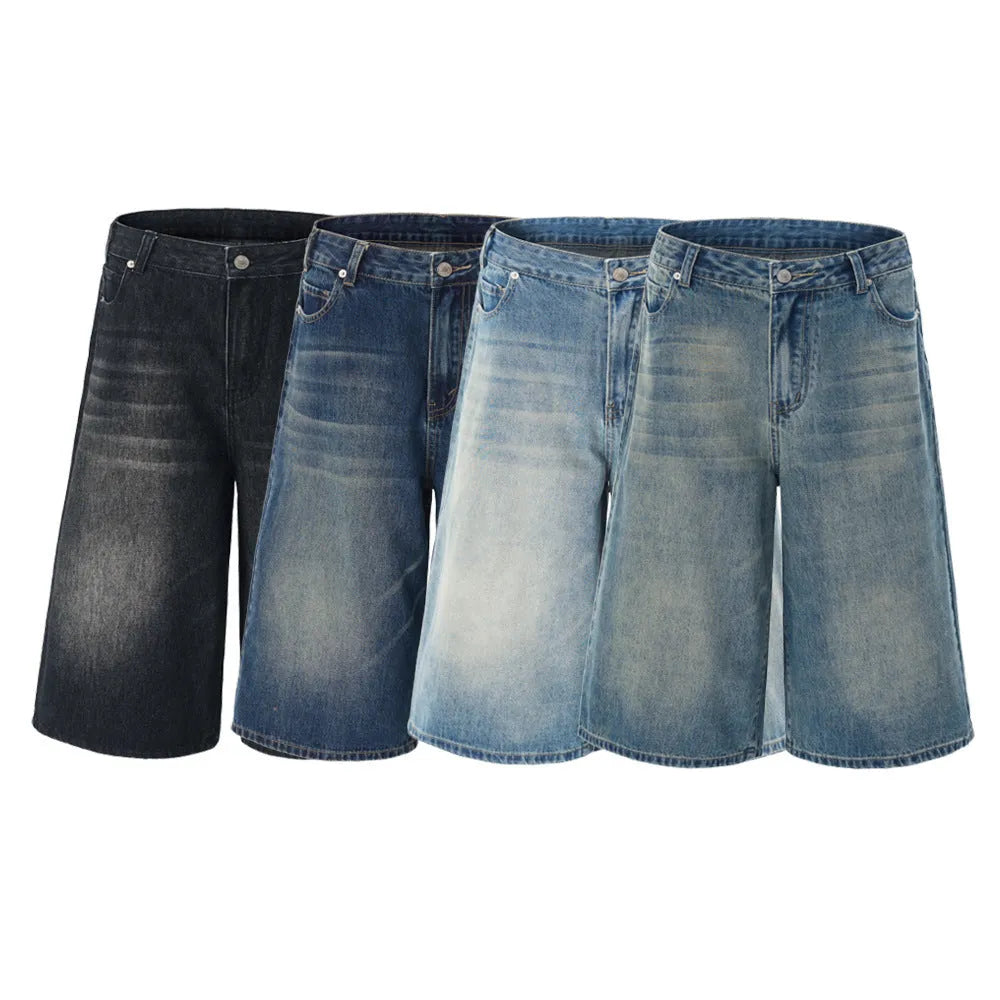 Men's light blue denim shorts with a straight leg and cropped length on a mannequin.