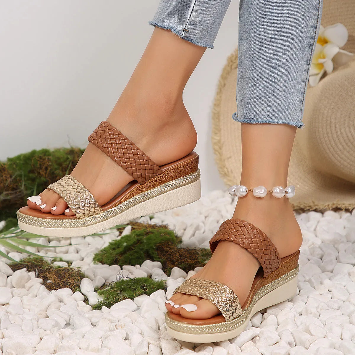 Gold and silver plus size women's wedge sandals with a 4.5 cm rubber sole