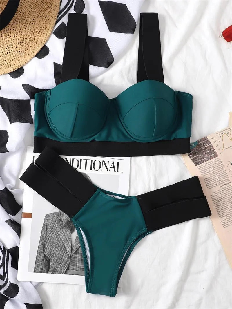 Women's black bikini with steel bracket push-up top and matching pants