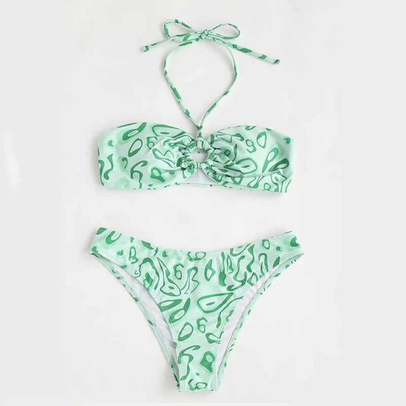 Women's floral bandeau bikini swimsuit set in blue colour with split design
