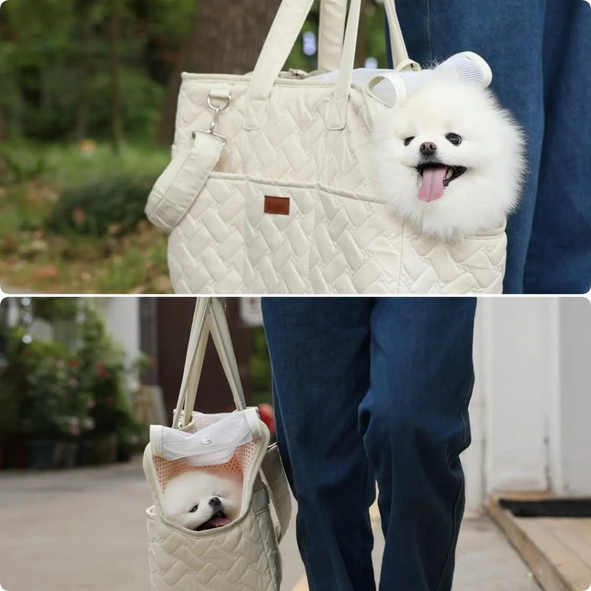 Grey mesh pet carrier bag with safety tether and multiple pockets for cat or small dog transport