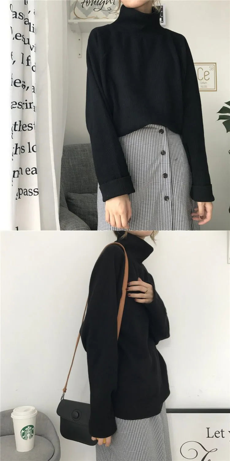Women's half-high collar long sleeve top in solid colour with loose fit design