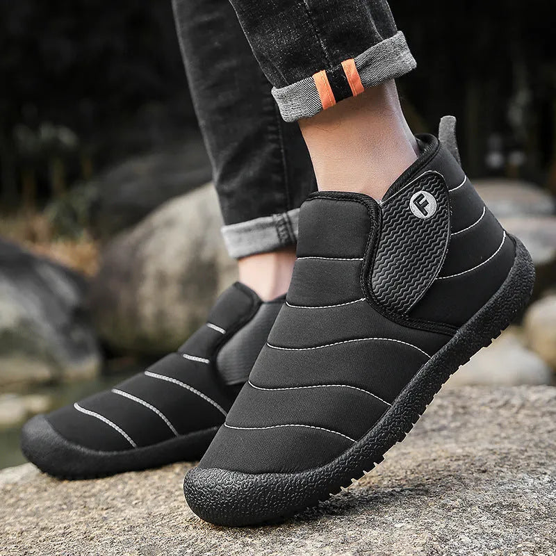 Men's waterproof cotton snow boots with non-slip rubber soles in black, blue, green, or yellow
