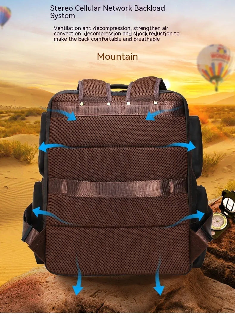 Dark brown leather backpack with 17-inch computer compartment and organisational pockets