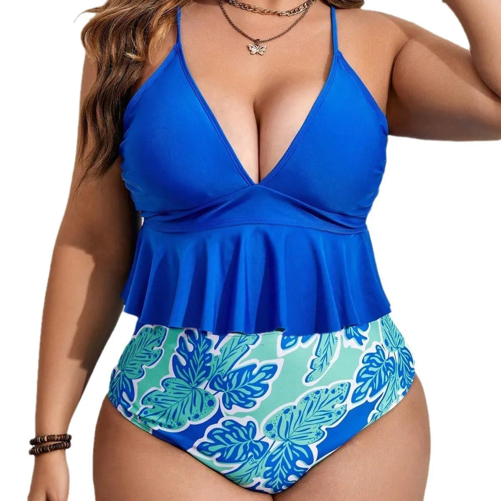 Blue polyester bikini set with separate top and brief shorts for European and American sizing.