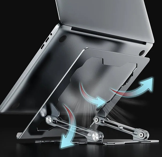 Grey aluminium adjustable laptop stand with folding design for portable use