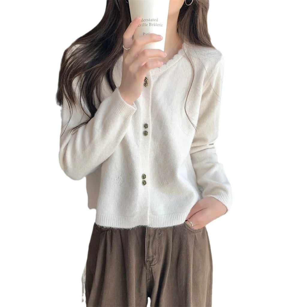 Women's long-sleeved acrylic cardigan coat in milky white, red, pink, light purple, or black colours