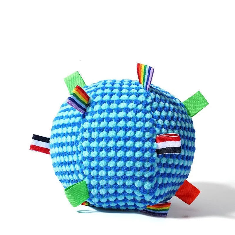 Blue and yellow textured pineapple lattice dog ball toy measuring 17cm in diameter.