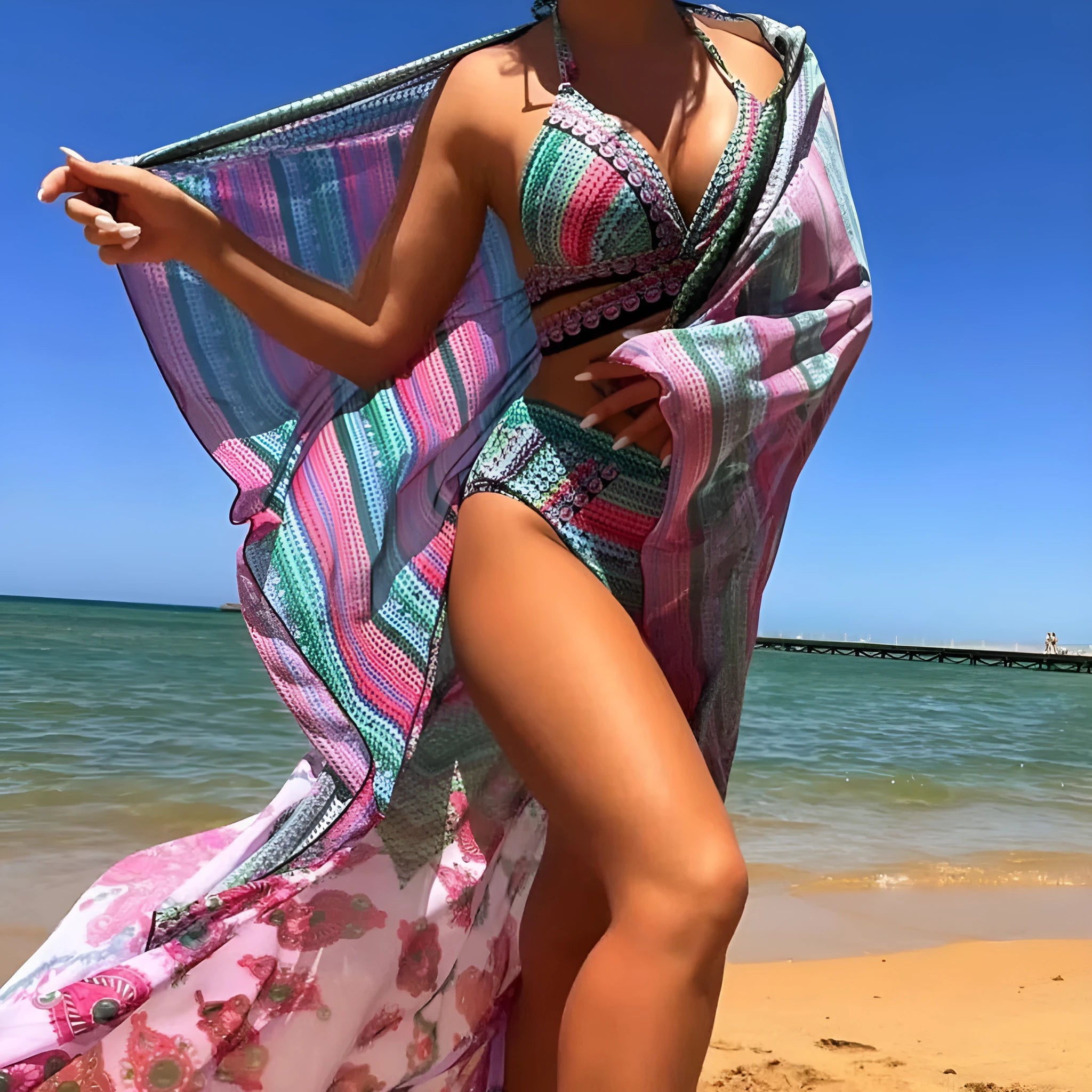 Women's three-piece swimsuit set showing cross bandage top, bra, and high waist briefs in coordinating colours