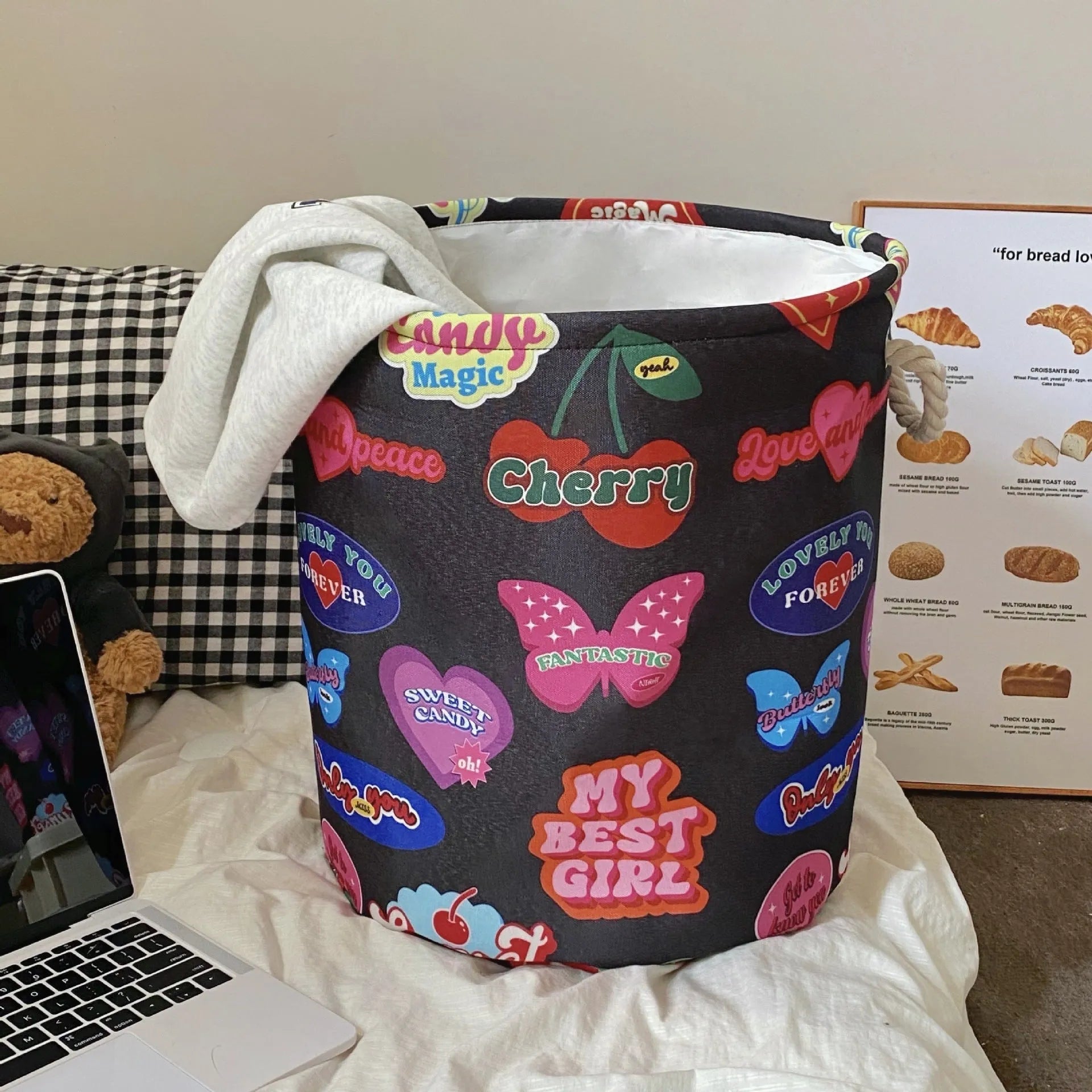 Foldable cotton cloth laundry basket in good night bear colour pattern showing large capacity design
