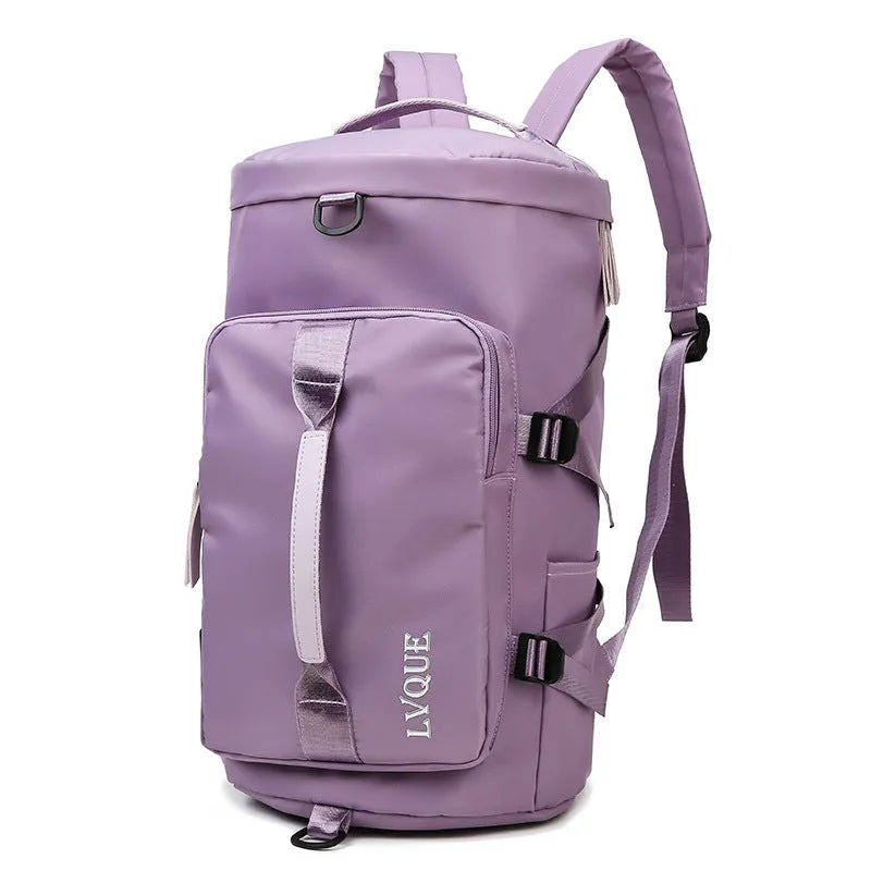 Waterproof nylon gym backpack with combination lock showing shoe compartment and multiple pockets