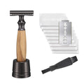 Men's copper manual safety razor with olive wood handle and metal shaving blades