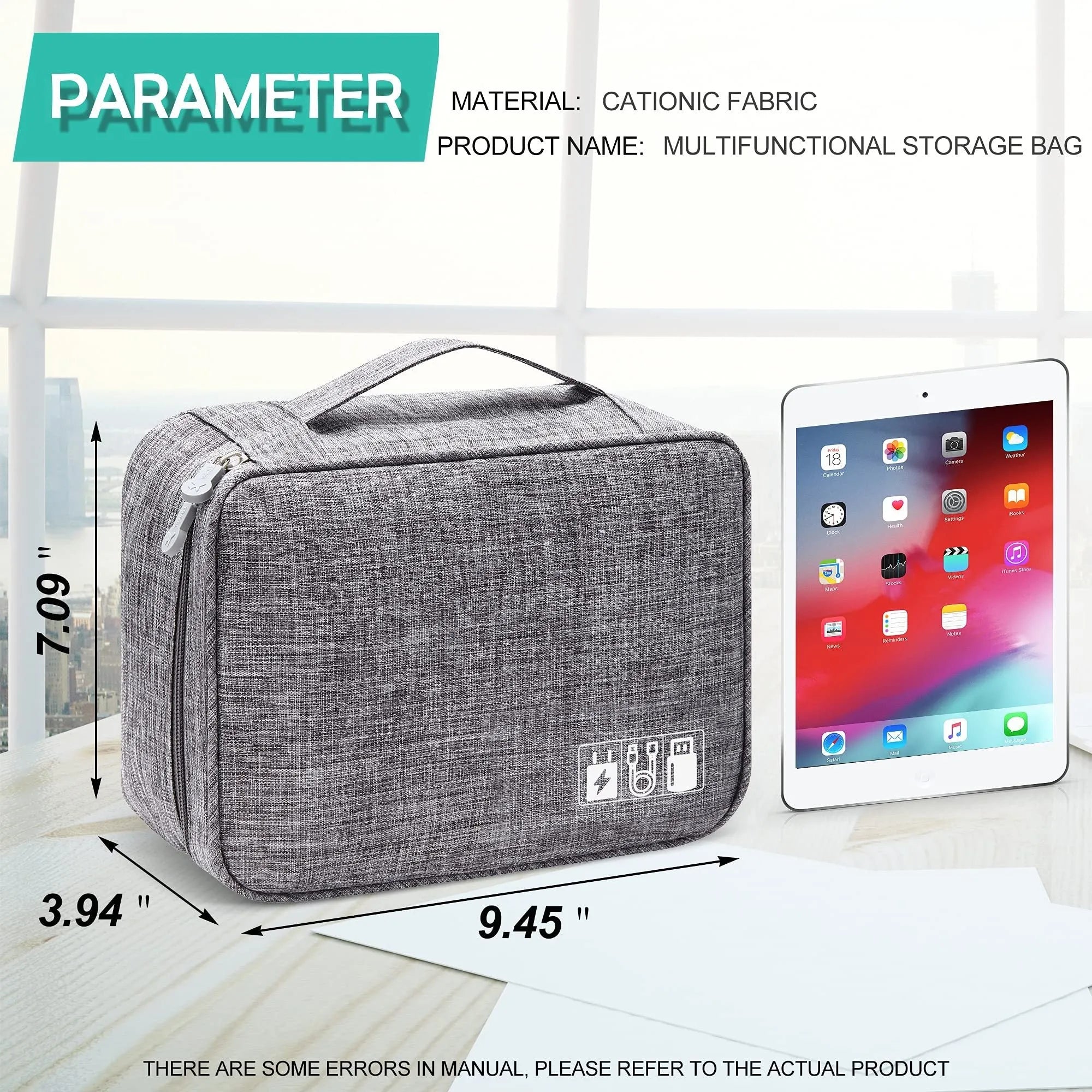 Black waterproof travel cable organiser bag open to show removable dividers and mesh pockets for electronics.