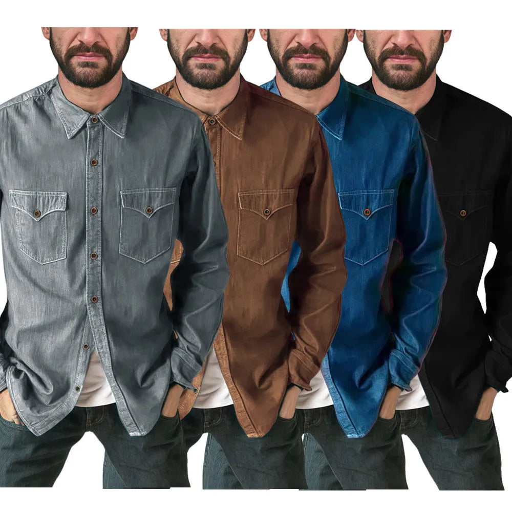 A cotton denim cardigan coat on a hanger, shown in a regular fit.