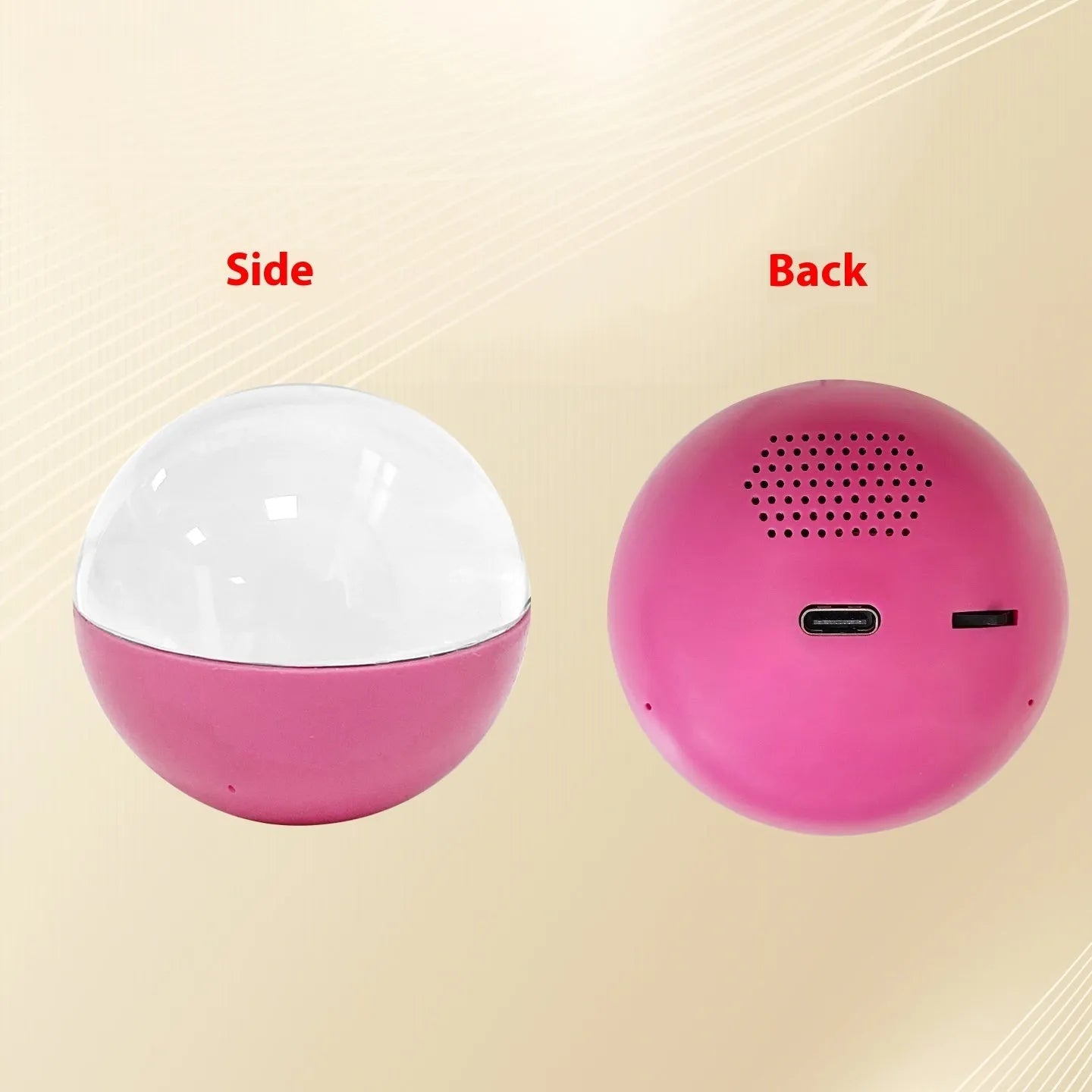 Electronic ball video player with round screen showing video playback, available in multiple shell colours