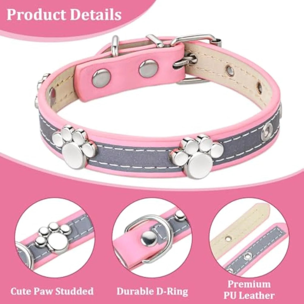 Adjustable leather dog collar with reflective stitching and metal paw print rivets
