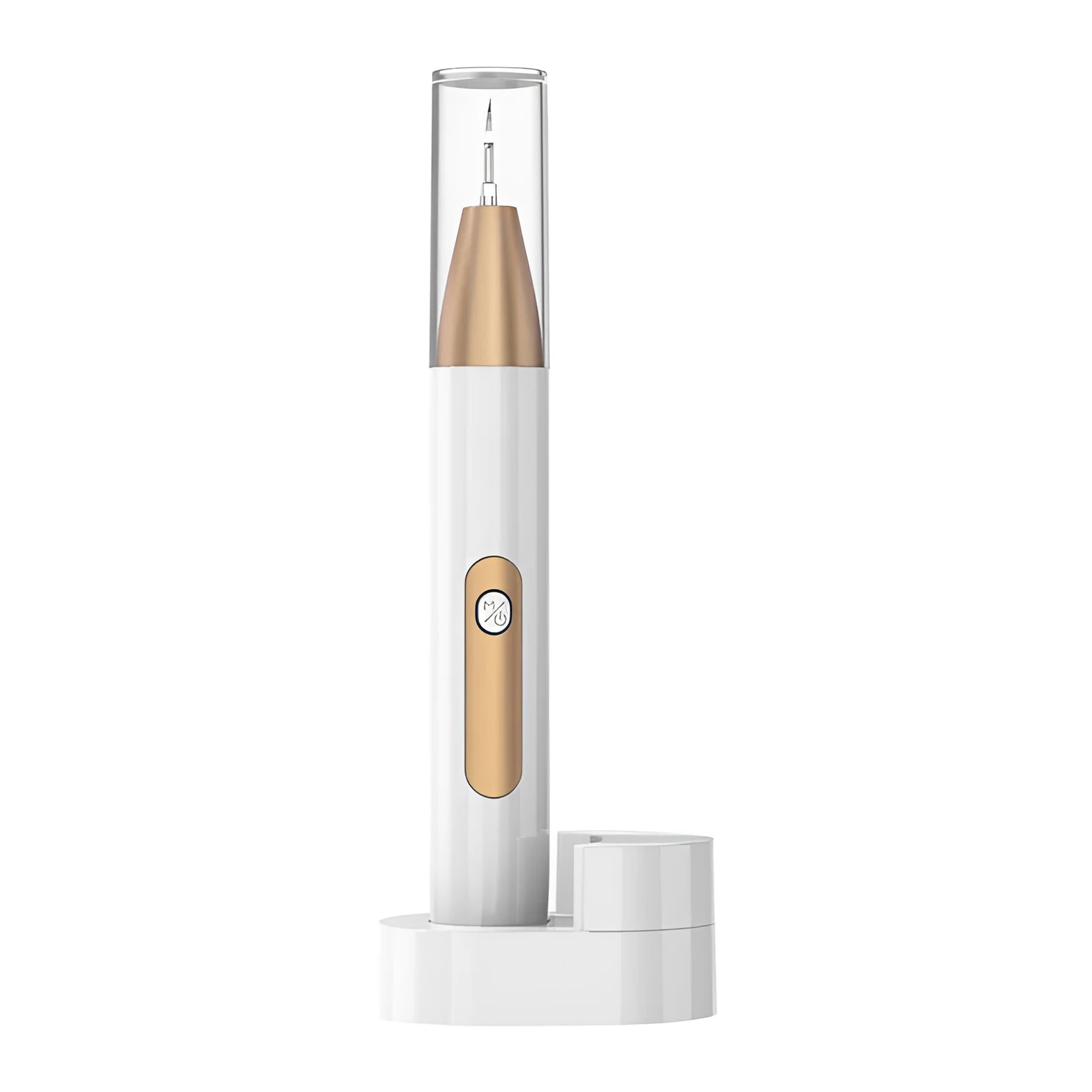 Gold-finish ultrasonic tooth cleaning device for removing tartar and surface stains.