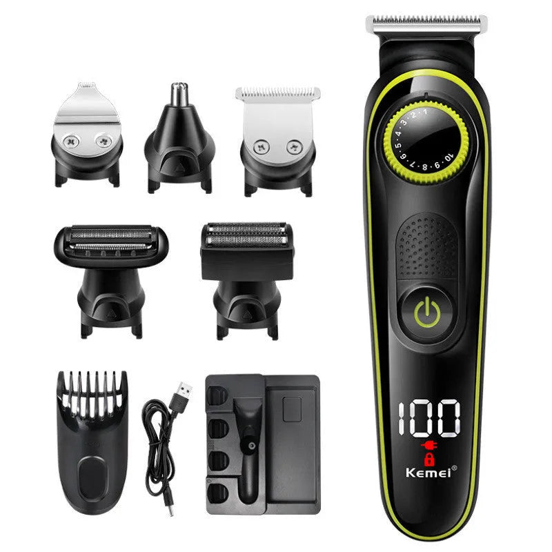 Black KM-696 rechargeable electric hair clipper set with stainless steel blade and cleaning brush.
