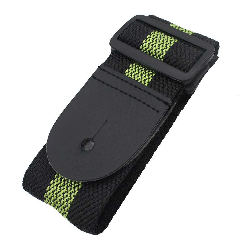 Woven crossbody guitar strap in army green, shown fitted to an electric wooden guitar.