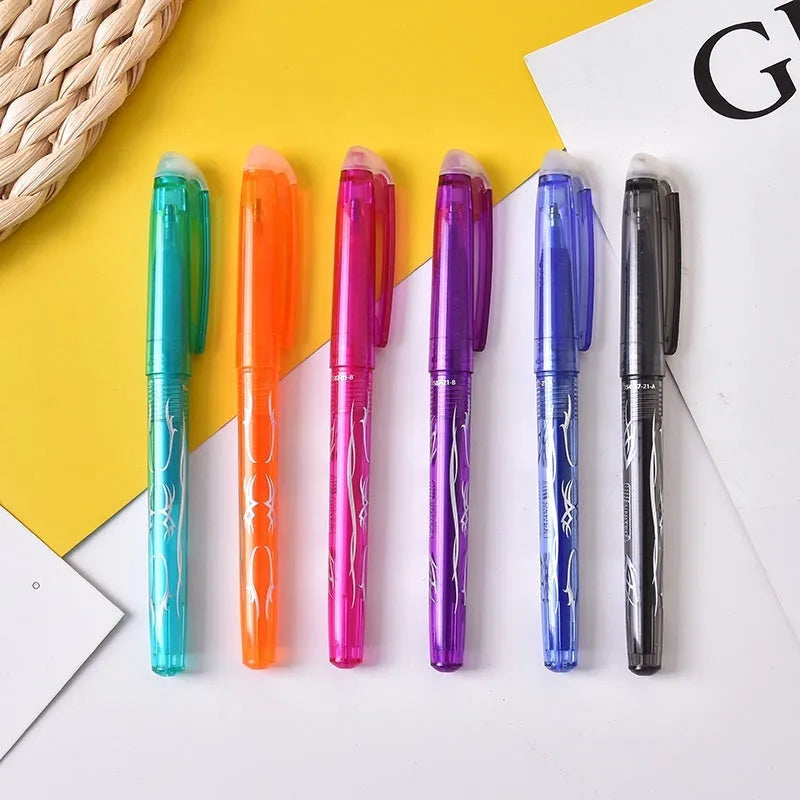 Set of hot erasable gel pens with plastic bodies and stainless steel nibs, showing multiple coloured barrels.