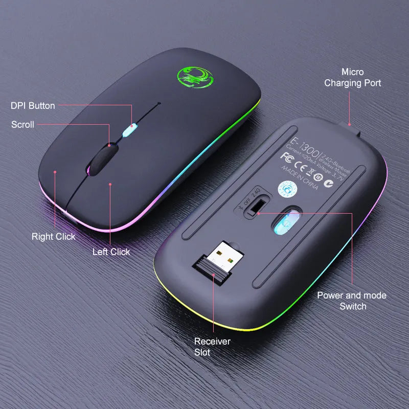 Black and white dual-mode wireless silent mouse with luminous charging indicator and adjustable DPI switch