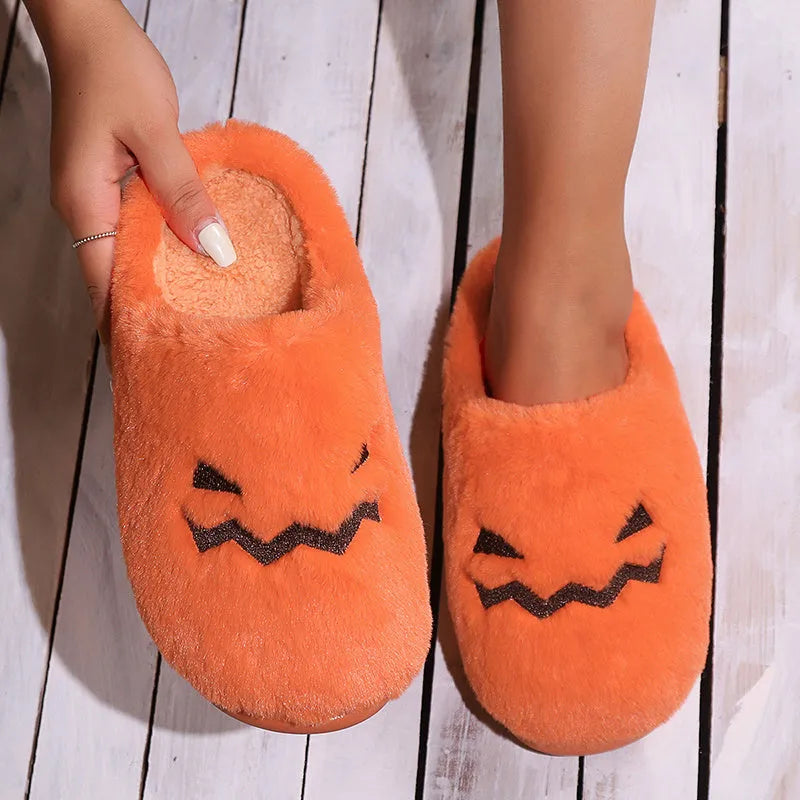Orange Halloween pumpkin slippers with coral velvet upper and plush lining