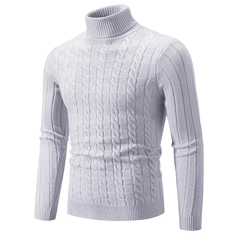 Man wearing a slim fit beige chenille turtleneck pullover sweater