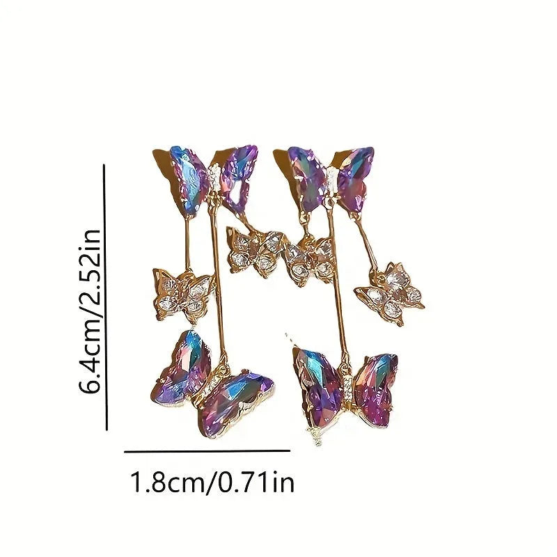 Silver needle blue purple butterfly tassel earrings with crystal flowers for women.