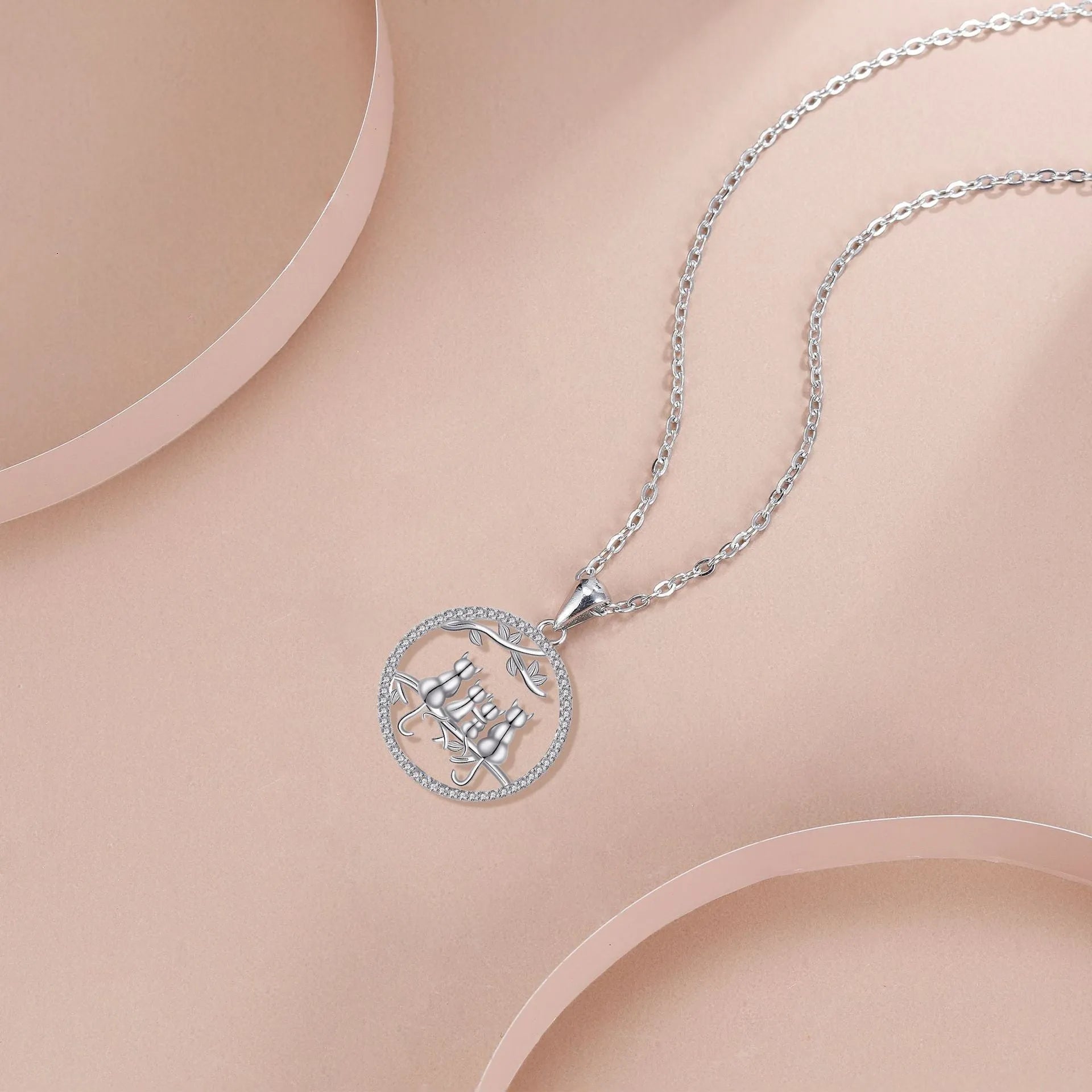 Copper necklace with four kitten pendant on cross chain for women