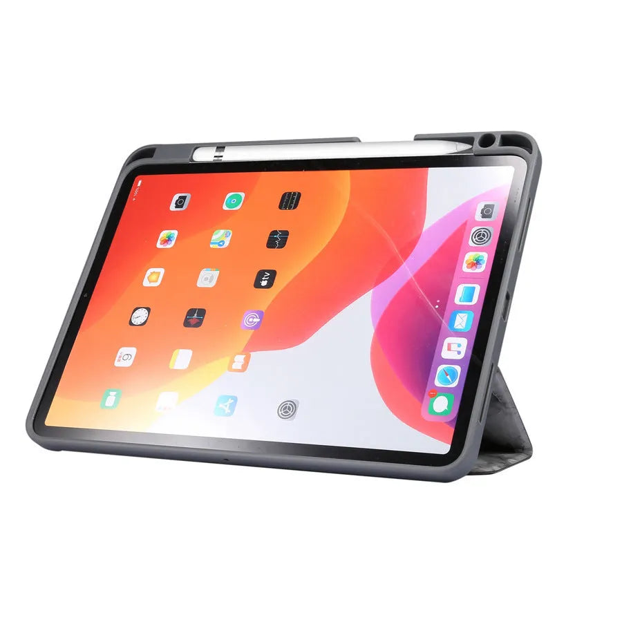 Tri-fold marbling imitation leather iPad case with a visible Apple Pencil slot, shown in dark grey.