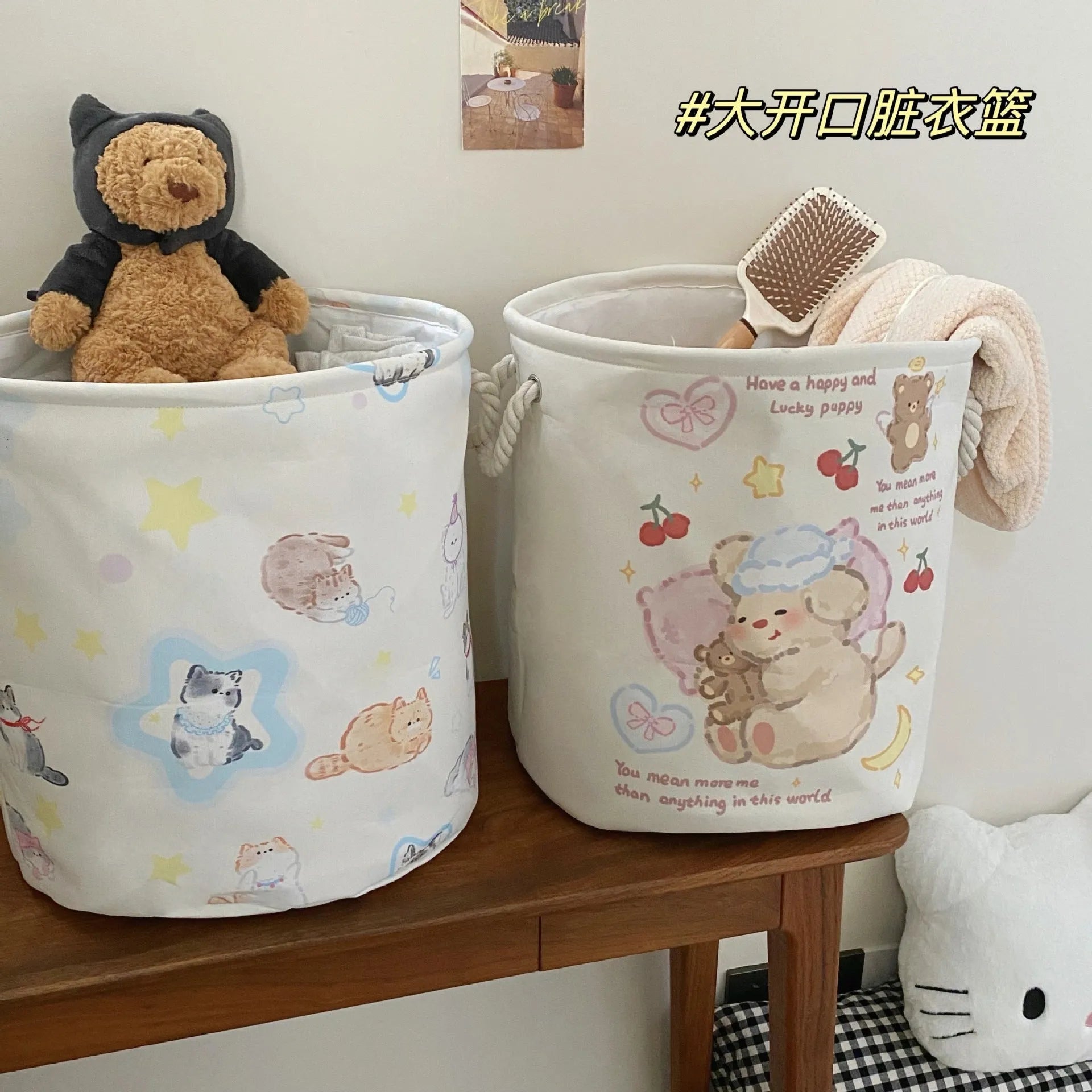 Foldable cotton cloth laundry basket in good night bear colour pattern showing large capacity design