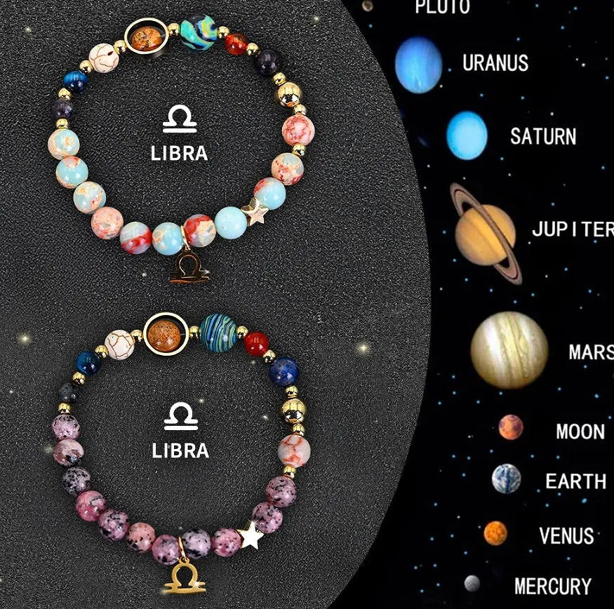 Two natural stone beaded bracelets showing zodiac sign designs for all twelve astrological symbols