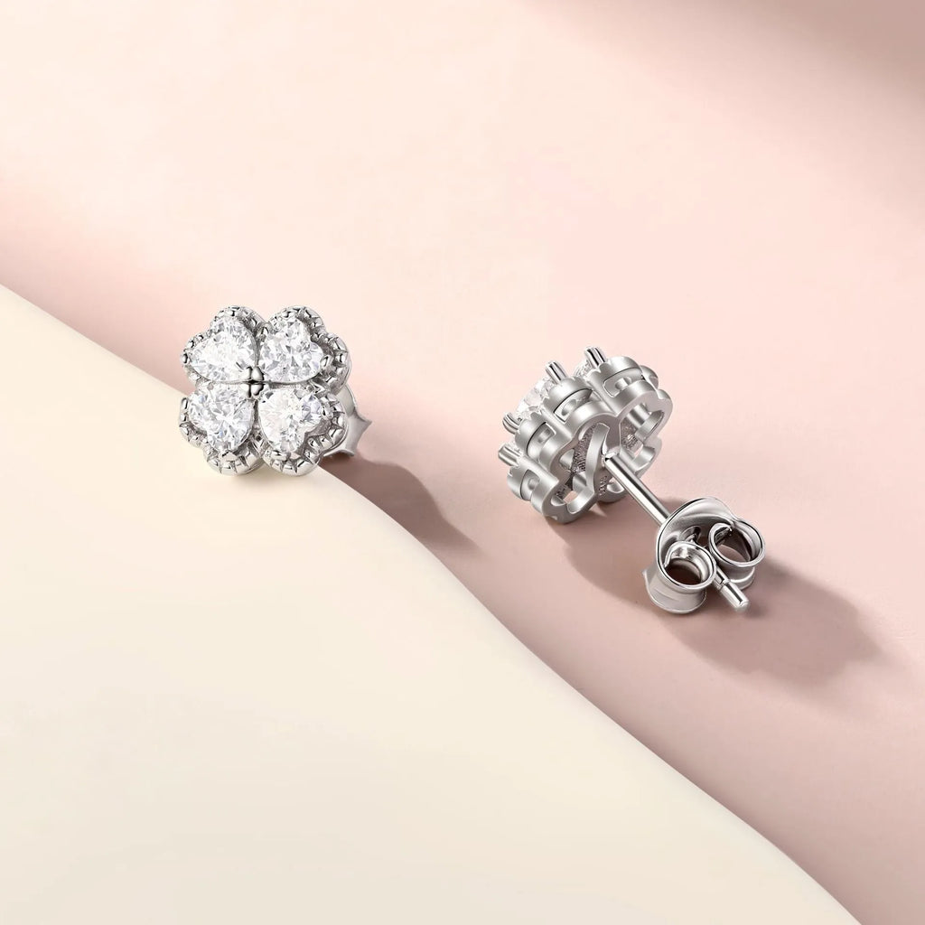925 sterling silver four-leaf clover heart earrings with zircon detailing in white gold colour