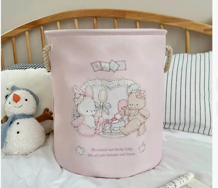 Foldable cotton cloth laundry basket in good night bear colour pattern showing large capacity design