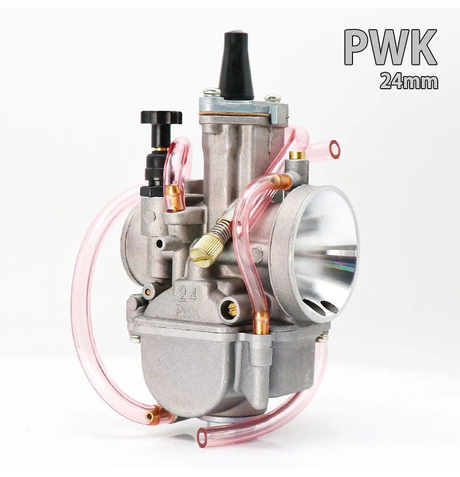 Sandblasted PWK motorcycle carburetor for performance modification, showing bore size options.