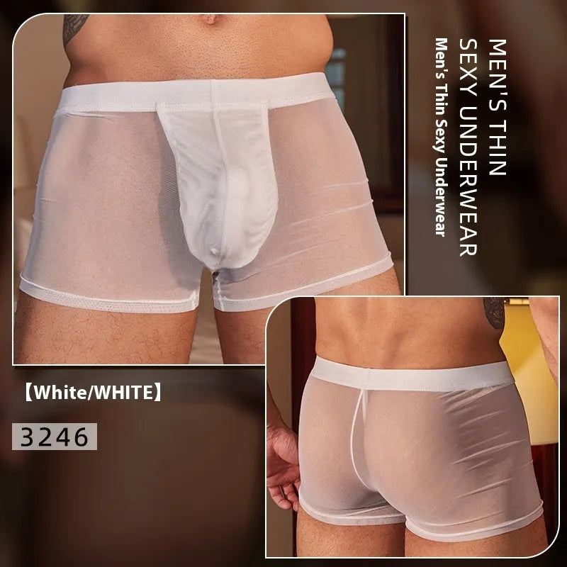 Black and white men's ultra-thin nylon boxer briefs laid flat
