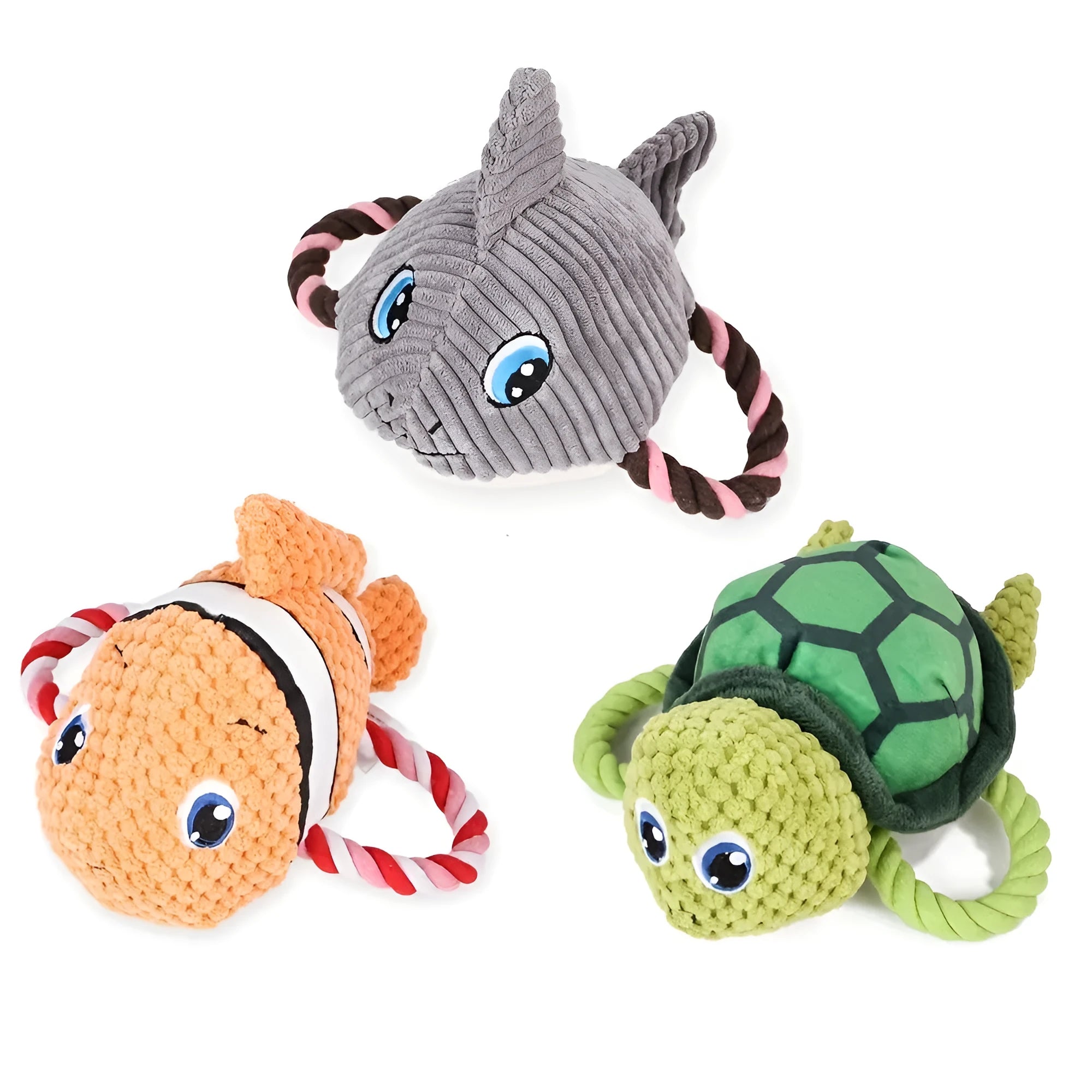 Green turtle-shaped plush dog chew toy with a knotted rope visible inside, on a white background.