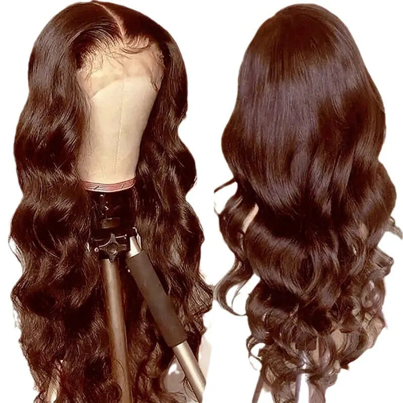 Long dark brown curly synthetic wig with side bangs on a mannequin head, showing front lace construction.