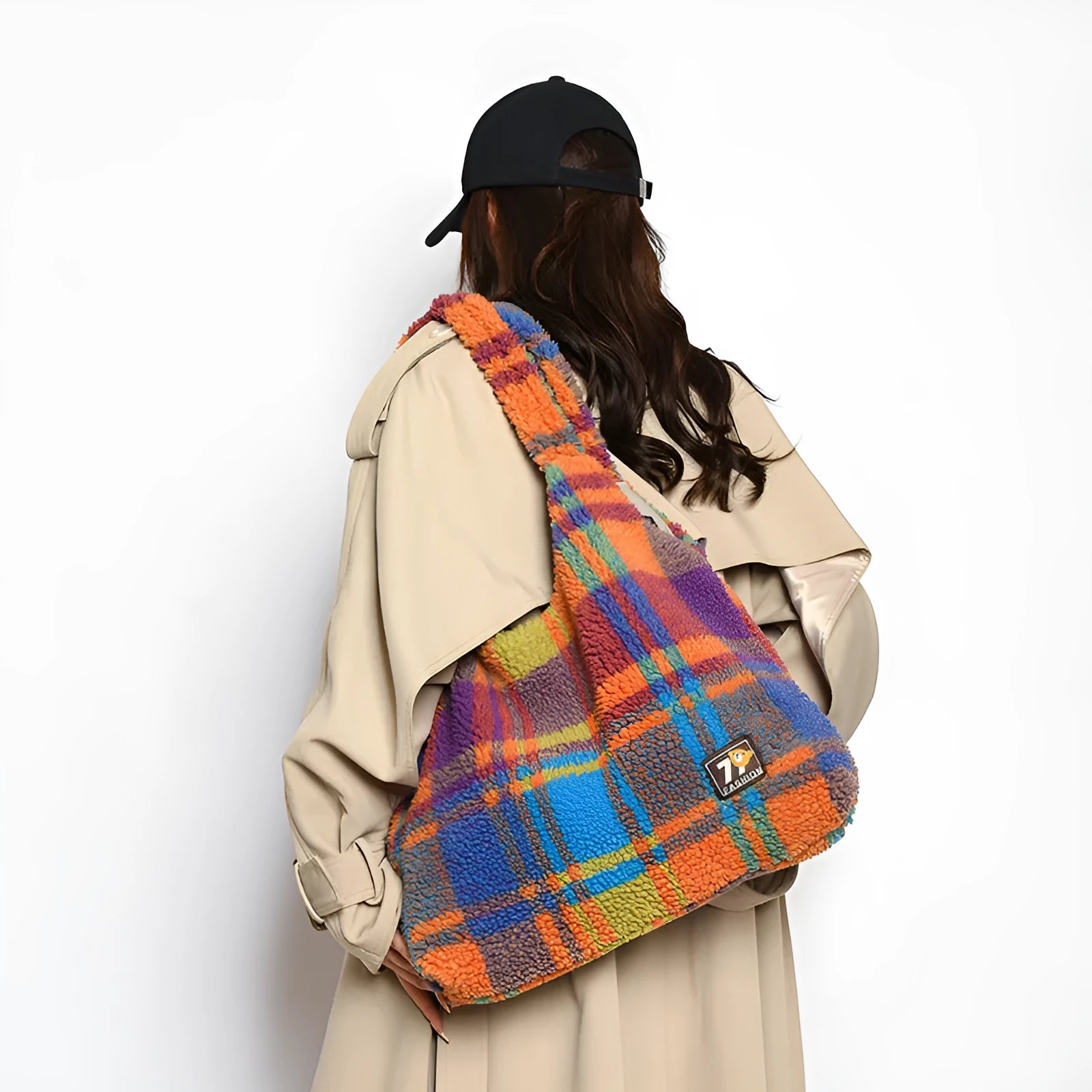 Women's soft plush plaid shoulder crossbody tote bag with large capacity