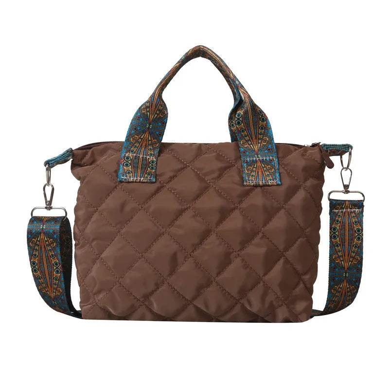 Soft Oxford cloth messenger bag with embroidery details and internal phone pocket in horizontal square shape