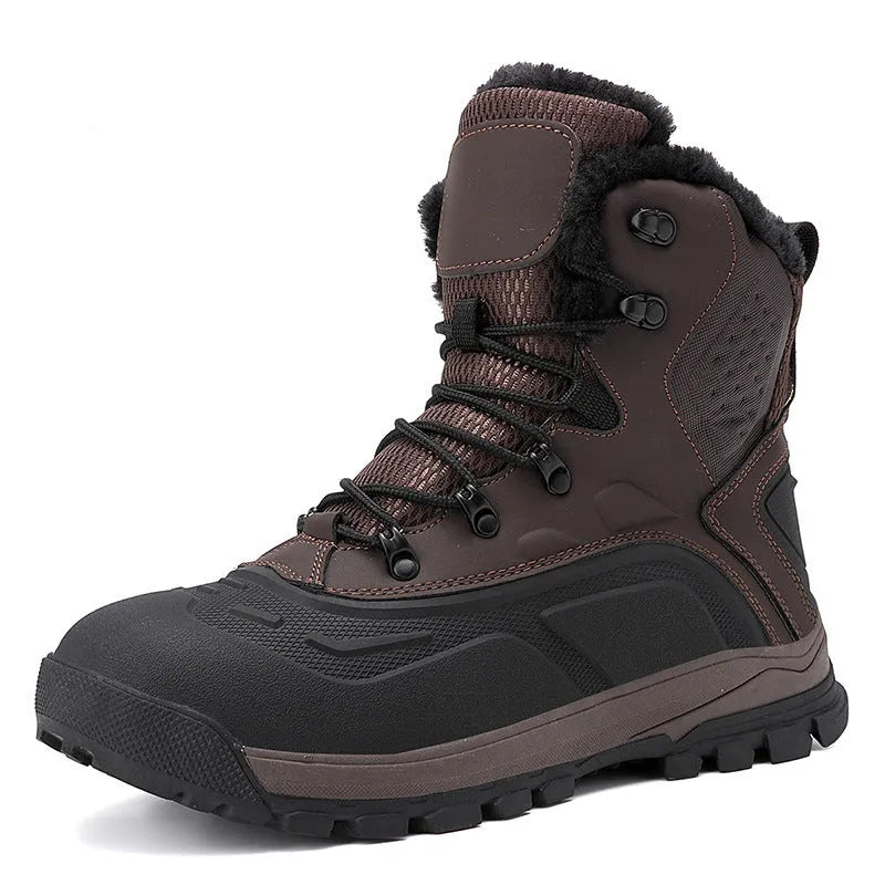 Men's black fleece-lined high-top lace-up boots with a flat heel on a ribbed sole