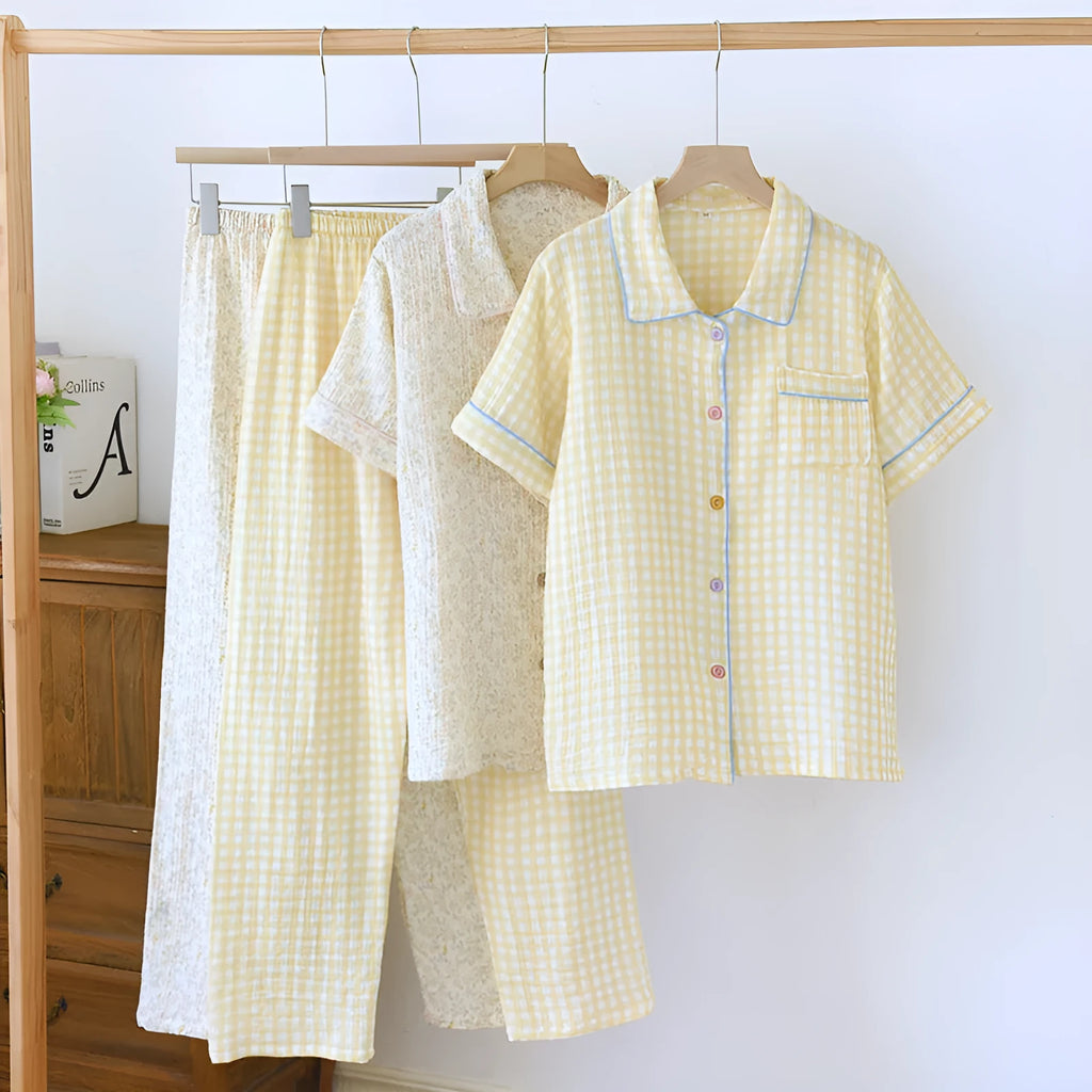 Women's yellow plaid crepe cotton short-sleeved top and loose trouser set for summer.
