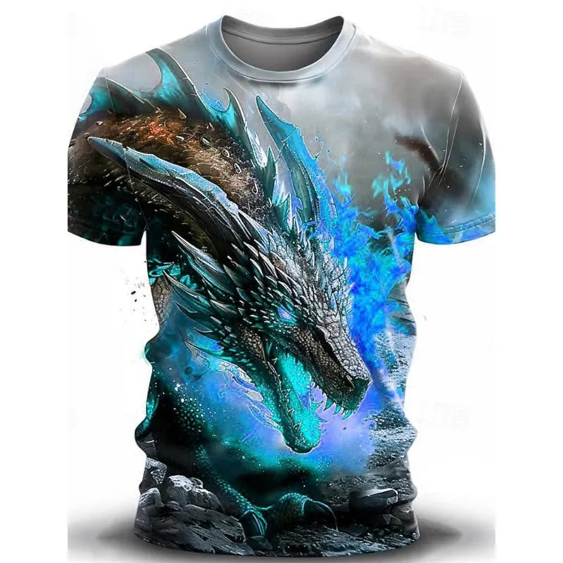 Men's grey t-shirt with a large, detailed 3D wind dragon graphic print on the front.