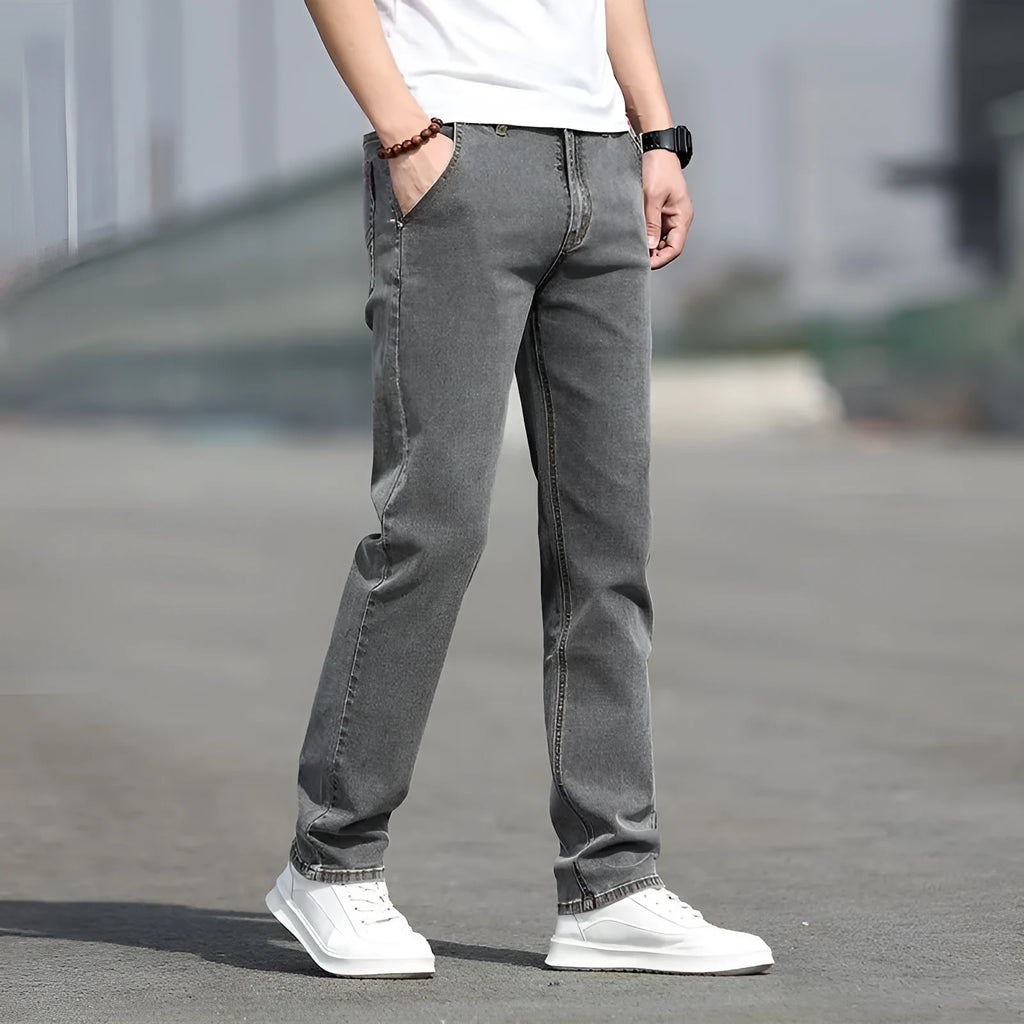 Men's smoky grey rabbit fur jeans with straight cut and low waist design