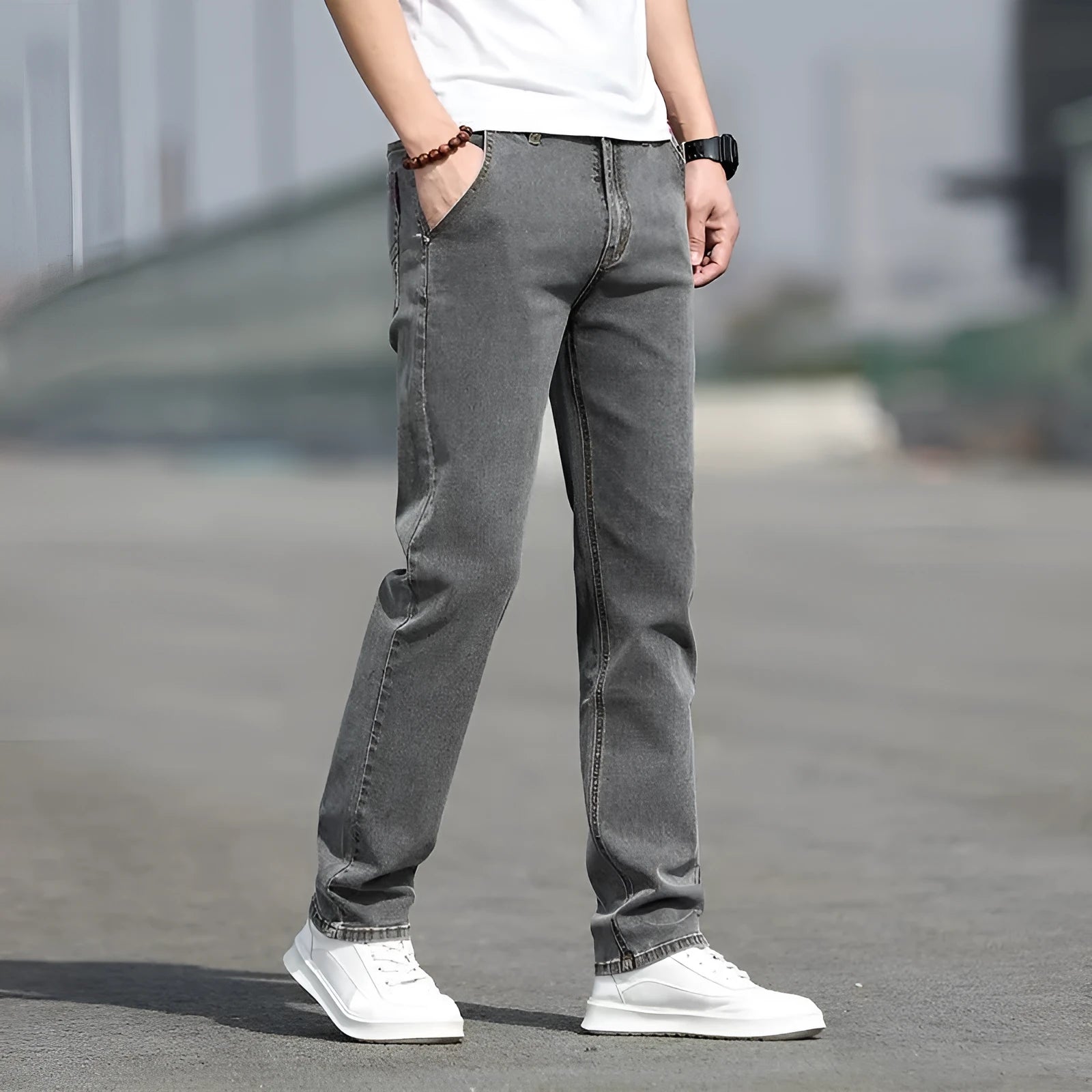 Men's smoky grey rabbit fur jeans with straight cut and low waist design