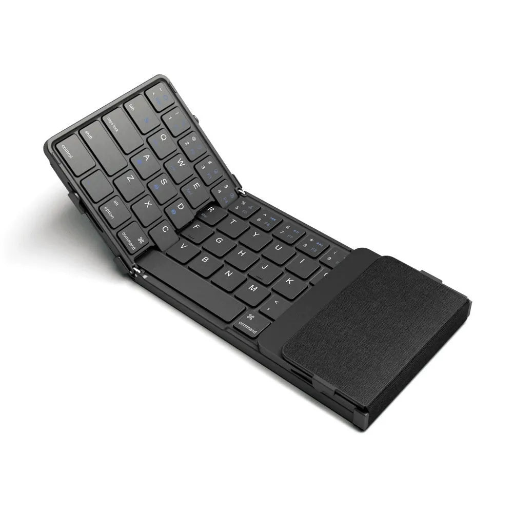 Black folding Bluetooth keyboard for mobile phones and tablets showing compact 346mm size