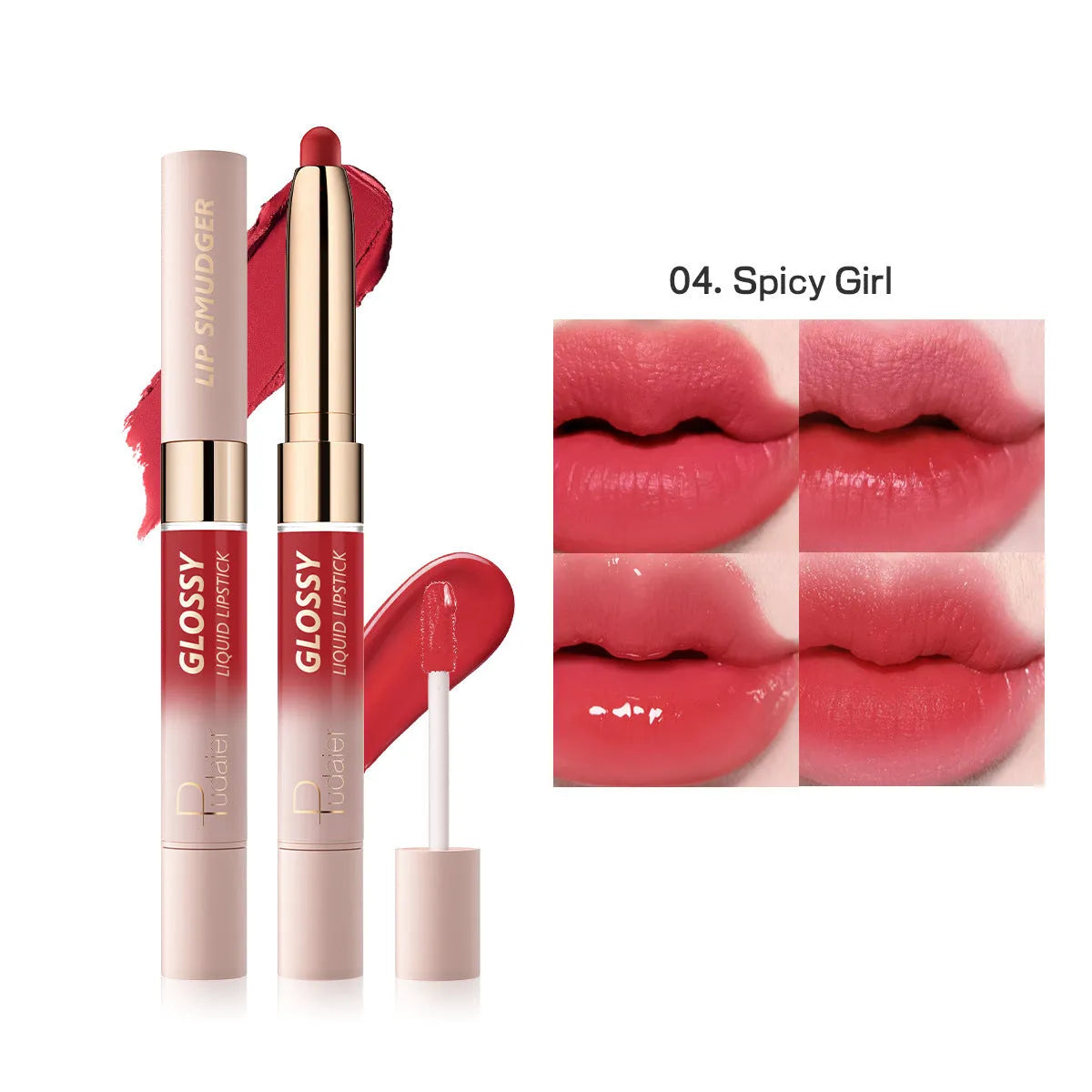 Double-headed lipstick showing matte finish on one end and matching gloss on the other